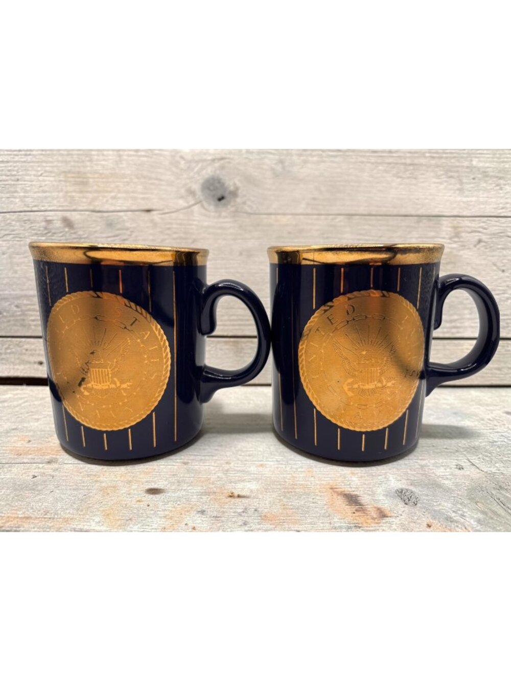 Set Of 2 Navy Blue & Gold United States Navy Ceramic Mugs Made In England